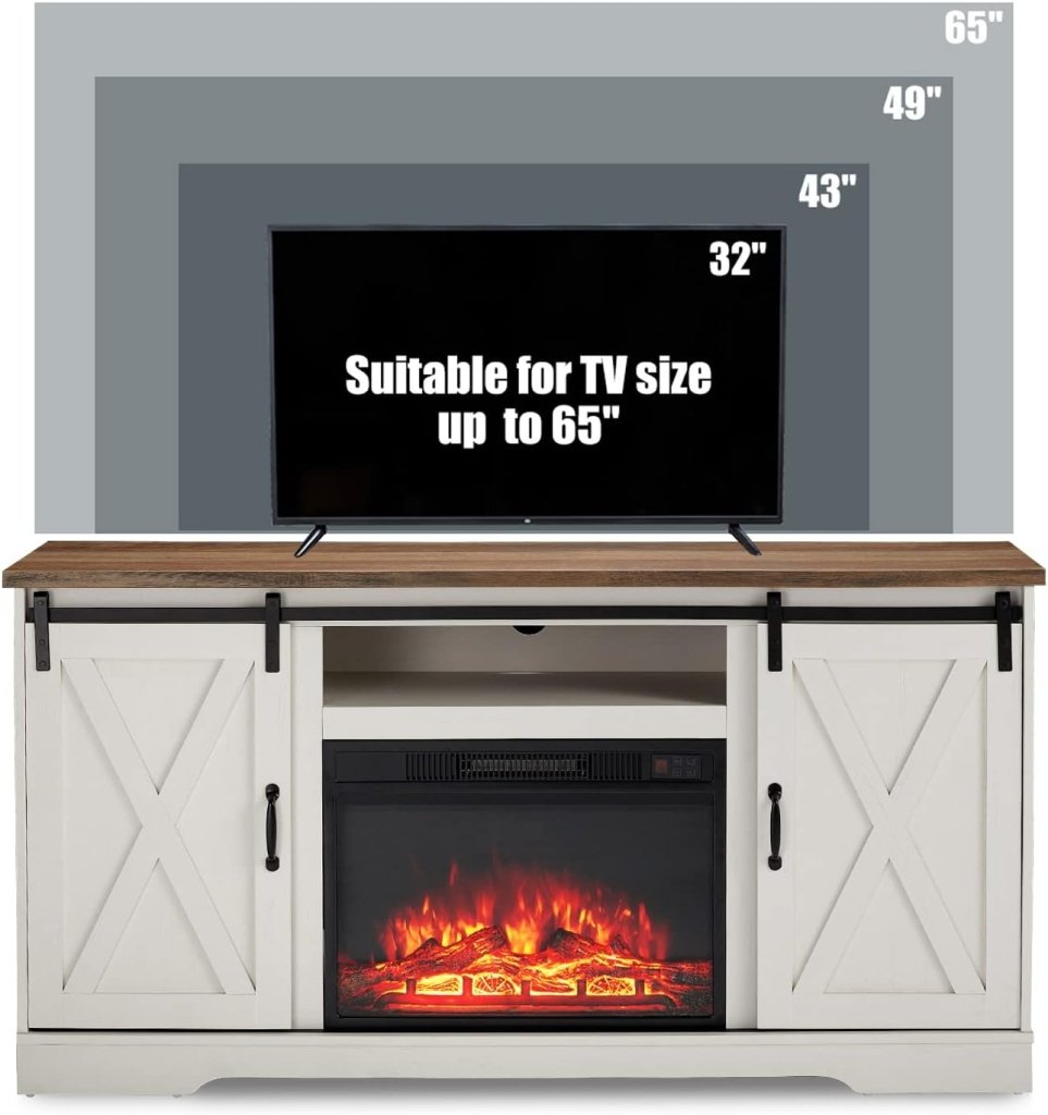 AMERLIFE Fireplace TV Stand with Sliding Barn Door for TVs up to 73", Farmhouse 63" Fireplace Entertainment Center with Storage Cabinets/Adjustable Shelves - Wigtrends