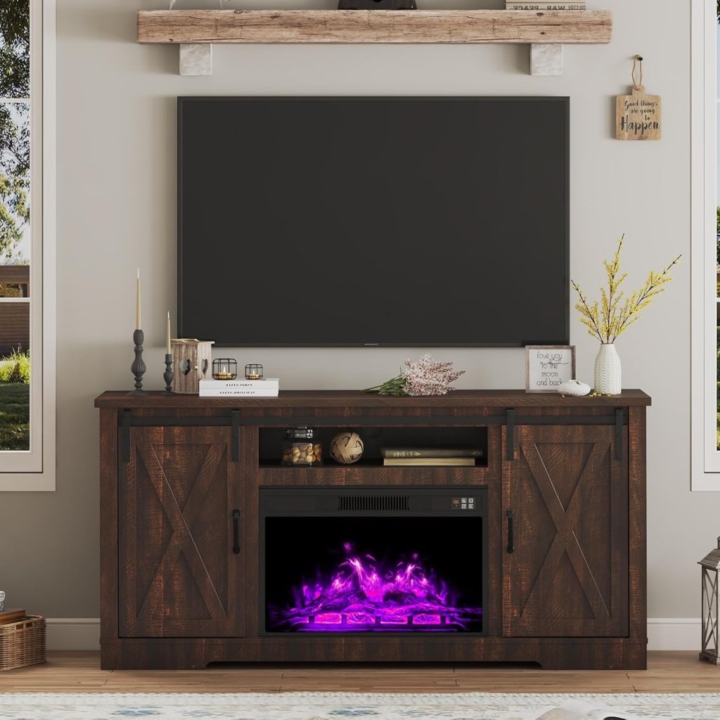 AMERLIFE Fireplace TV Stand with Sliding Barn Door for TVs up to 73", Farmhouse 63" Fireplace Entertainment Center with Storage Cabinets/Adjustable Shelves - Wigtrends