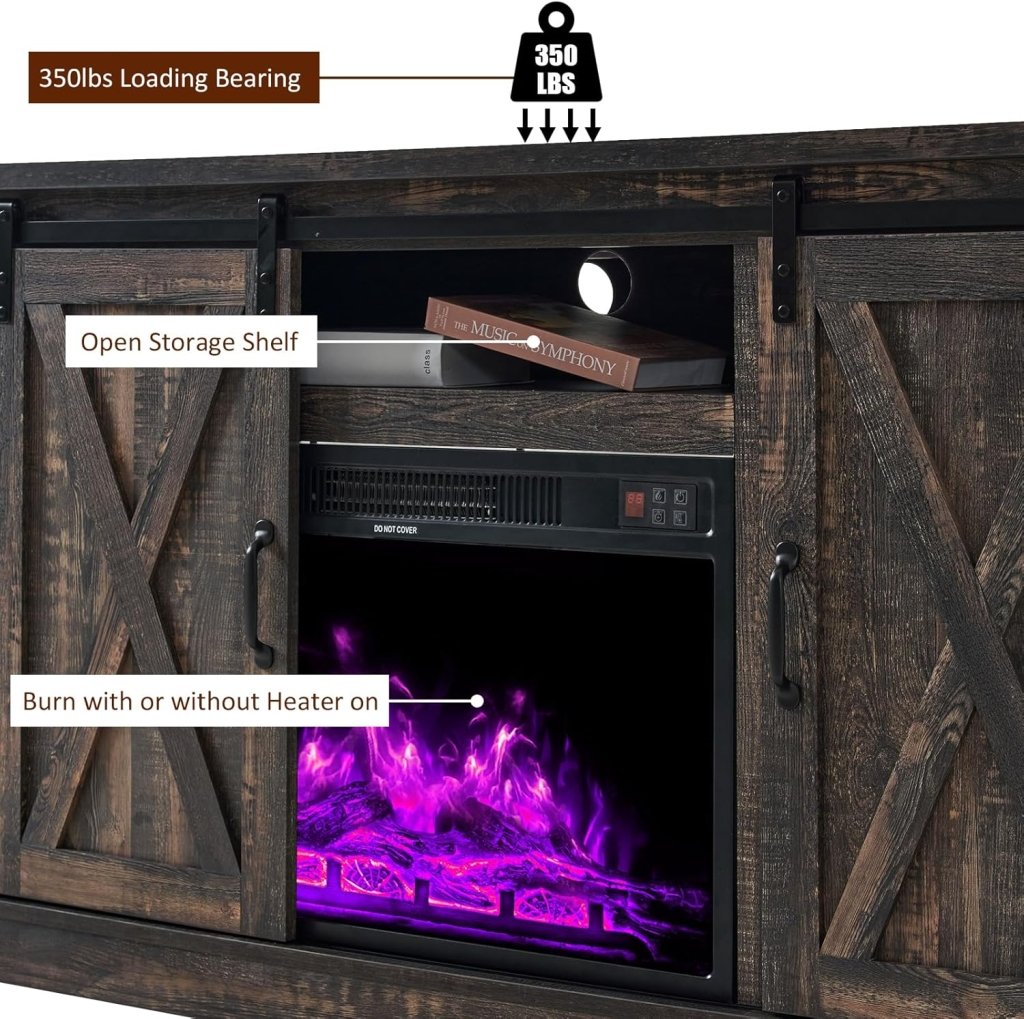 AMERLIFE Fireplace TV Stand with Sliding Barn Door for TVs up to 73", Farmhouse 63" Fireplace Entertainment Center with Storage Cabinets/Adjustable Shelves - Wigtrends