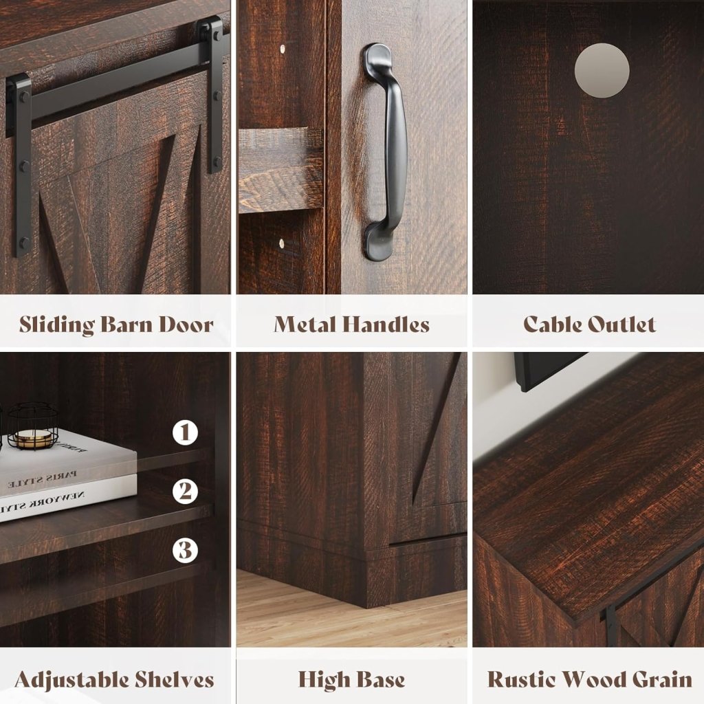 AMERLIFE Fireplace TV Stand with Sliding Barn Door for TVs up to 73", Farmhouse 63" Fireplace Entertainment Center with Storage Cabinets/Adjustable Shelves - Wigtrends