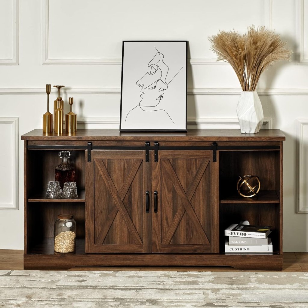 AMERLIFE Fireplace TV Stand with Sliding Barn Door for TVs up to 73", Farmhouse 63" Fireplace Entertainment Center with Storage Cabinets/Adjustable Shelves - Wigtrends