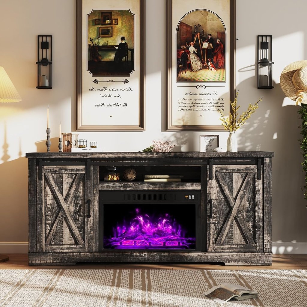 AMERLIFE Fireplace TV Stand with Sliding Barn Door for TVs up to 73", Farmhouse 63" Fireplace Entertainment Center with Storage Cabinets/Adjustable Shelves - Wigtrends