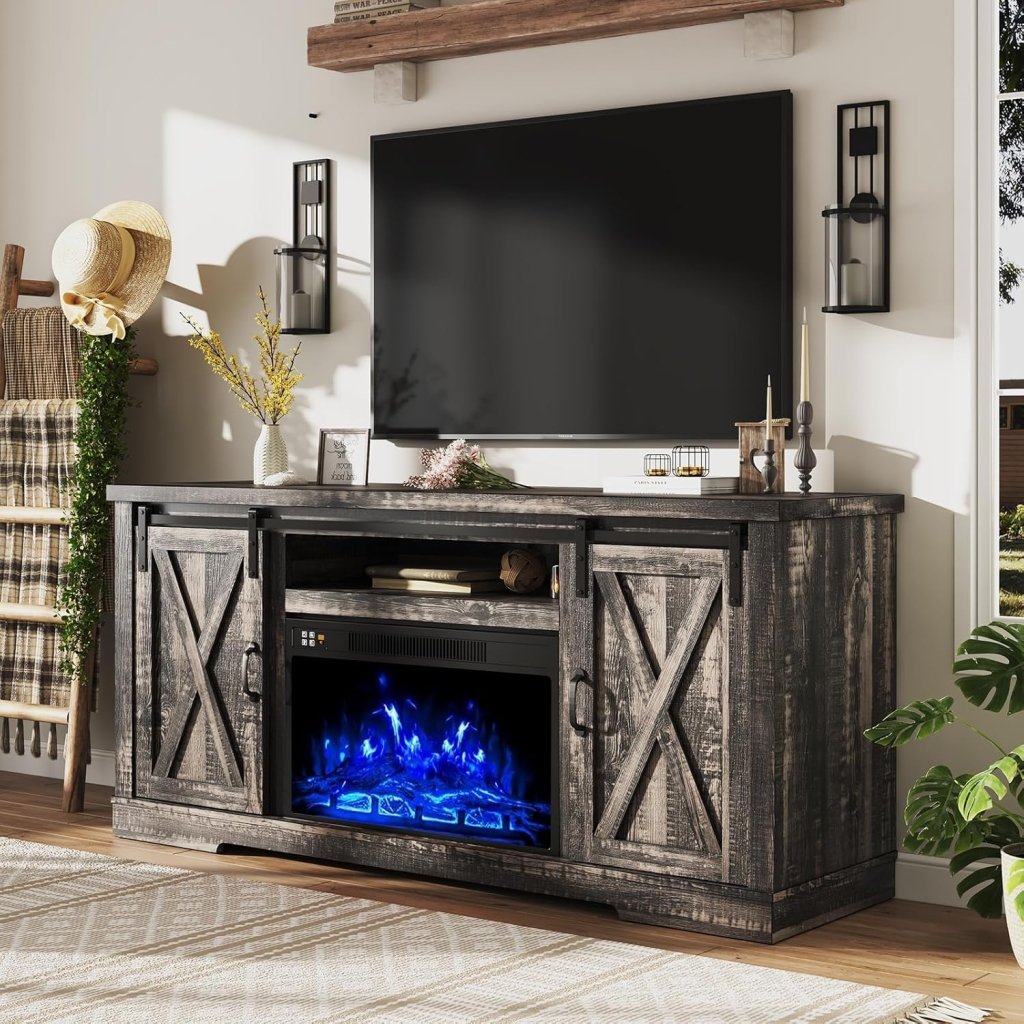 AMERLIFE Fireplace TV Stand with Sliding Barn Door for TVs up to 73", Farmhouse 63" Fireplace Entertainment Center with Storage Cabinets/Adjustable Shelves - Wigtrends