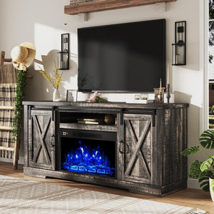 AMERLIFE Fireplace TV Stand with Sliding Barn Door for TVs up to 73", Farmhouse 63" Fireplace Entertainment Center with Storage Cabinets/Adjustable Shelves - Wigtrends