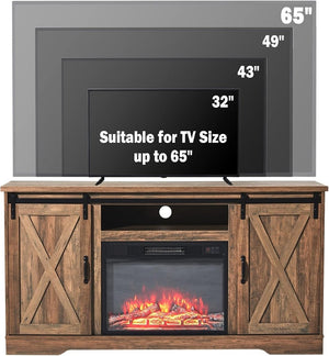 AMERLIFE Fireplace TV Stand with Sliding Barn Door for TVs up to 73", Farmhouse 63" Fireplace Entertainment Center with Storage Cabinets/Adjustable Shelves - Wigtrends