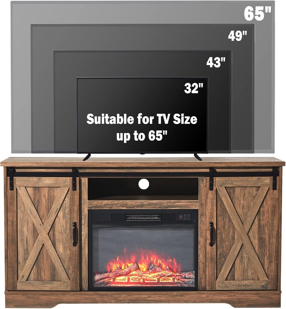 AMERLIFE Fireplace TV Stand with Sliding Barn Door for TVs up to 73", Farmhouse 63" Fireplace Entertainment Center with Storage Cabinets/Adjustable Shelves - Wigtrends