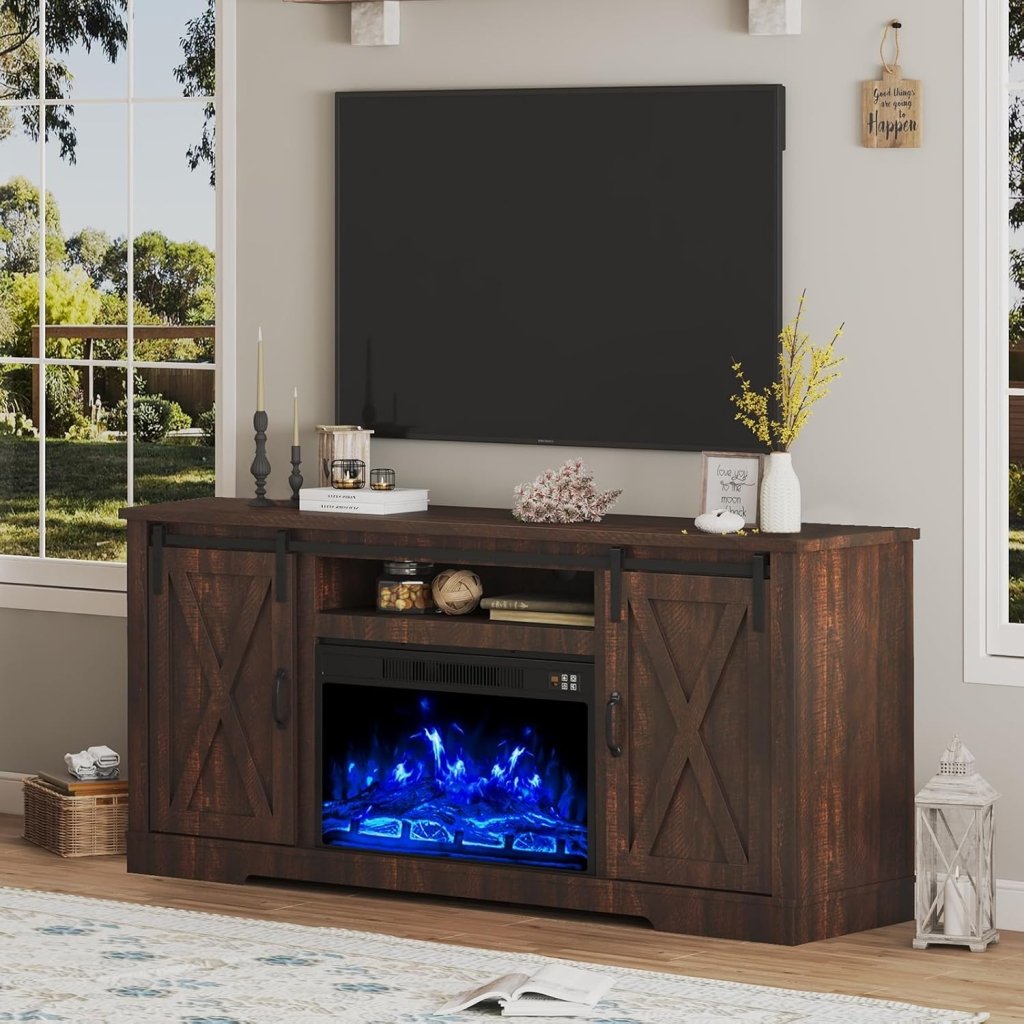 AMERLIFE Fireplace TV Stand with Sliding Barn Door for TVs up to 73", Farmhouse 63" Fireplace Entertainment Center with Storage Cabinets/Adjustable Shelves - Wigtrends