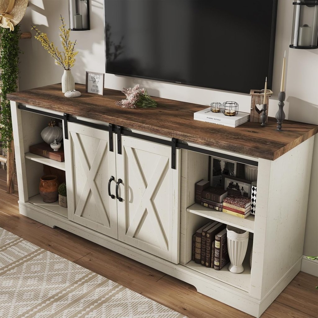 AMERLIFE Fireplace TV Stand with Sliding Barn Door for TVs up to 73", Farmhouse 63" Fireplace Entertainment Center with Storage Cabinets/Adjustable Shelves - Wigtrends