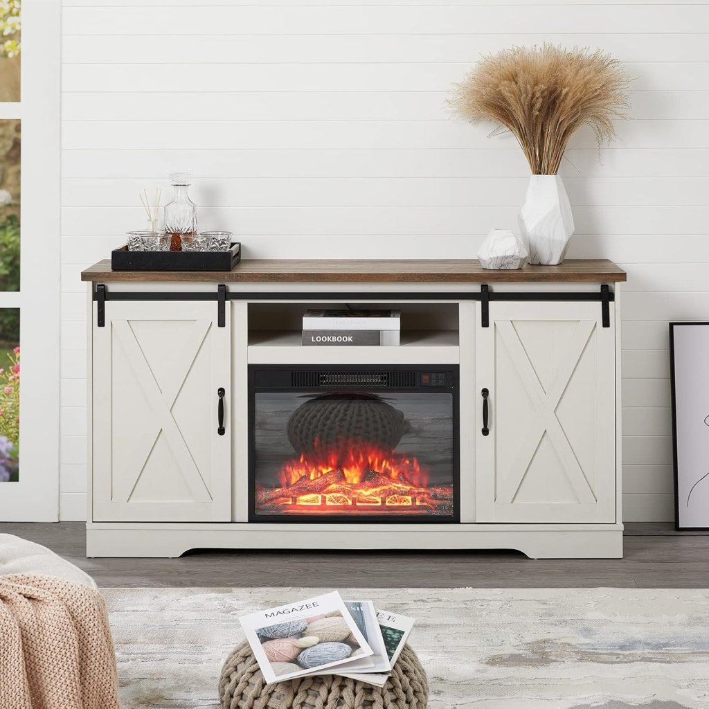 AMERLIFE Fireplace TV Stand with Sliding Barn Door for TVs up to 73", Farmhouse 63" Fireplace Entertainment Center with Storage Cabinets/Adjustable Shelves - Wigtrends
