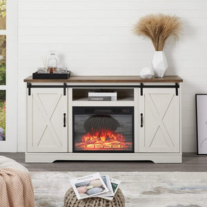 AMERLIFE Fireplace TV Stand with Sliding Barn Door for TVs up to 73", Farmhouse 63" Fireplace Entertainment Center with Storage Cabinets/Adjustable Shelves - Wigtrends