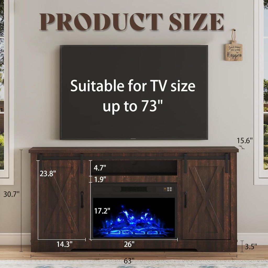 AMERLIFE Fireplace TV Stand with Sliding Barn Door for TVs up to 73", Farmhouse 63" Fireplace Entertainment Center with Storage Cabinets/Adjustable Shelves - Wigtrends