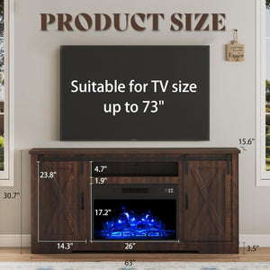 AMERLIFE Fireplace TV Stand with Sliding Barn Door for TVs up to 73", Farmhouse 63" Fireplace Entertainment Center with Storage Cabinets/Adjustable Shelves - Wigtrends