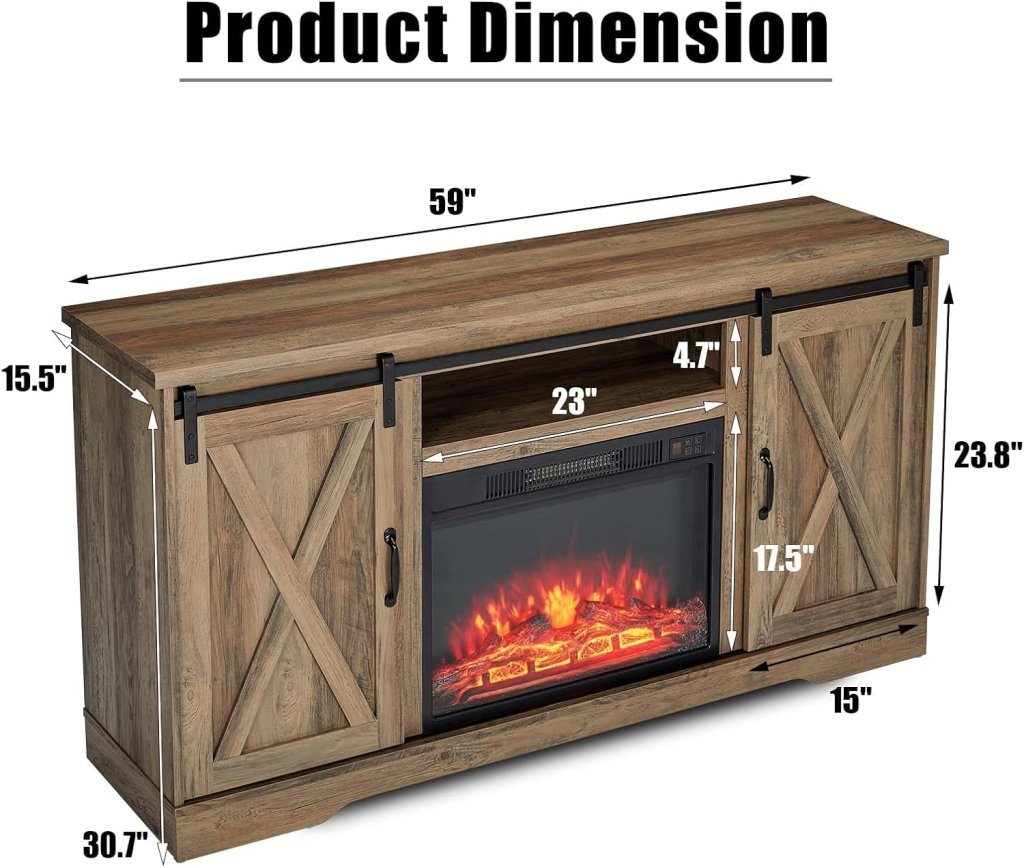 AMERLIFE Fireplace TV Stand with Sliding Barn Door for TVs up to 73", Farmhouse 63" Fireplace Entertainment Center with Storage Cabinets/Adjustable Shelves - Wigtrends
