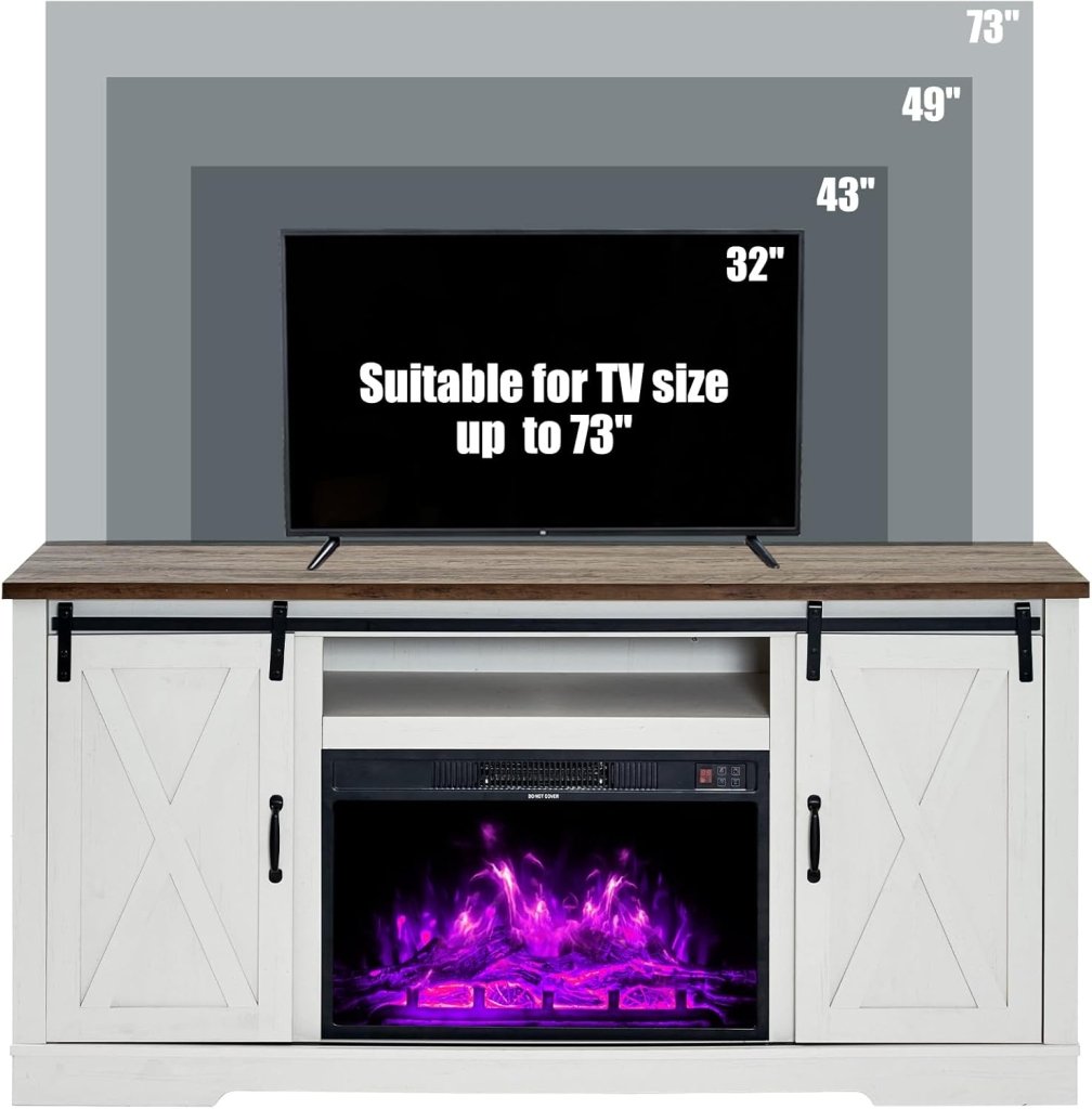 AMERLIFE Fireplace TV Stand with Sliding Barn Door for TVs up to 73", Farmhouse 63" Fireplace Entertainment Center with Storage Cabinets/Adjustable Shelves - Wigtrends