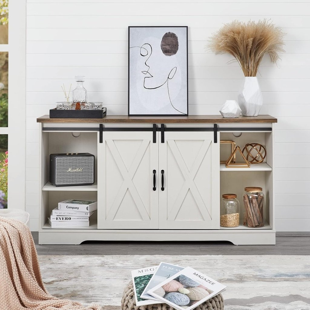 AMERLIFE Fireplace TV Stand with Sliding Barn Door for TVs up to 73", Farmhouse 63" Fireplace Entertainment Center with Storage Cabinets/Adjustable Shelves - Wigtrends