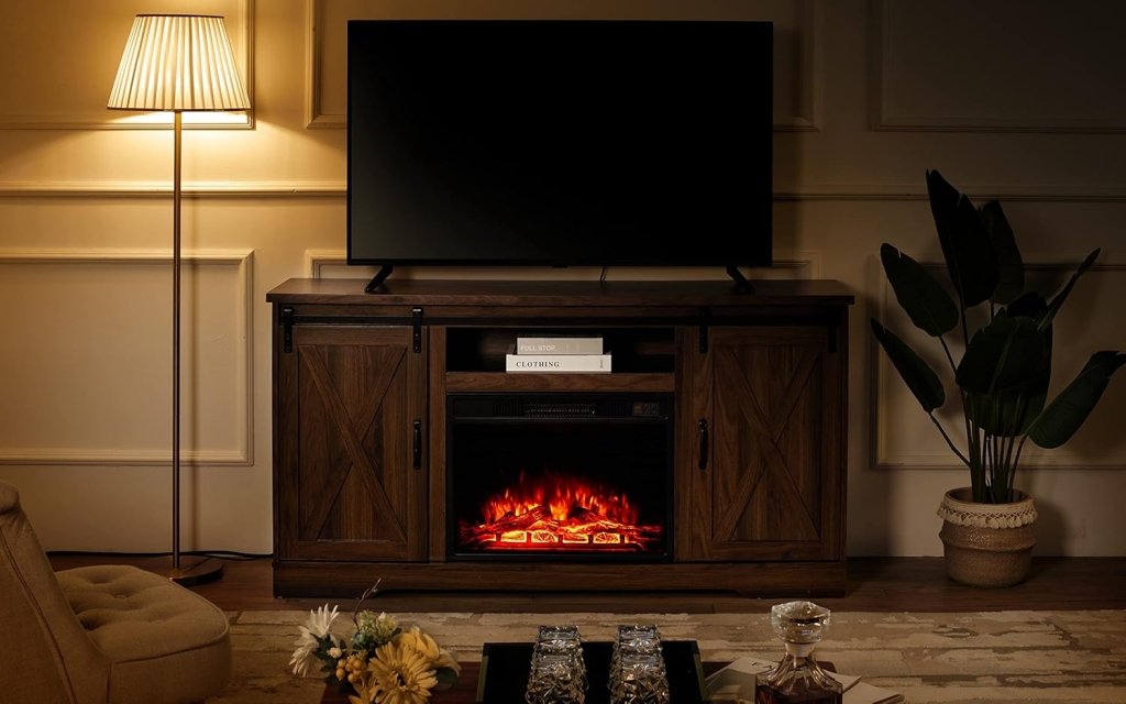 AMERLIFE Fireplace TV Stand with Sliding Barn Door for TVs up to 73", Farmhouse 63" Fireplace Entertainment Center with Storage Cabinets/Adjustable Shelves - Wigtrends