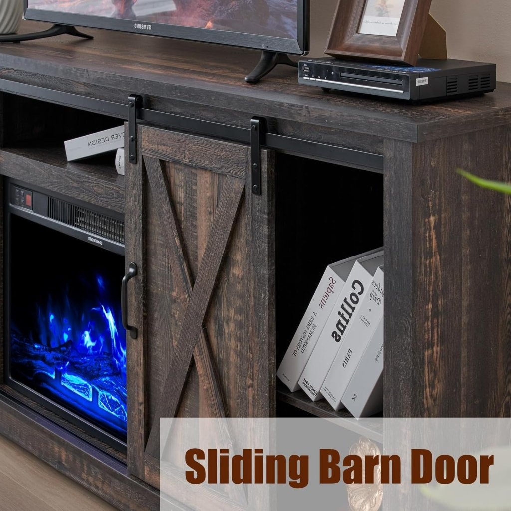 AMERLIFE Fireplace TV Stand with Sliding Barn Door for TVs up to 73", Farmhouse 63" Fireplace Entertainment Center with Storage Cabinets/Adjustable Shelves - Wigtrends
