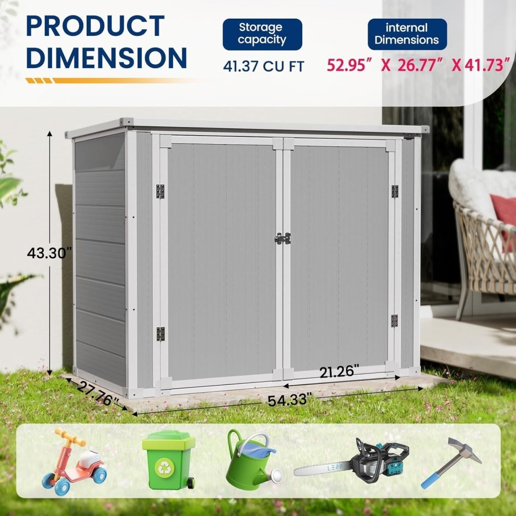 Amopatio 41 Cu Ft Horizontal Outdoor Storage Shed, Resin Trash Can Storage,Resin Shed for Garden Tools, Lawn Mowers, Garbage Cans, Patio Use - Wigtrends