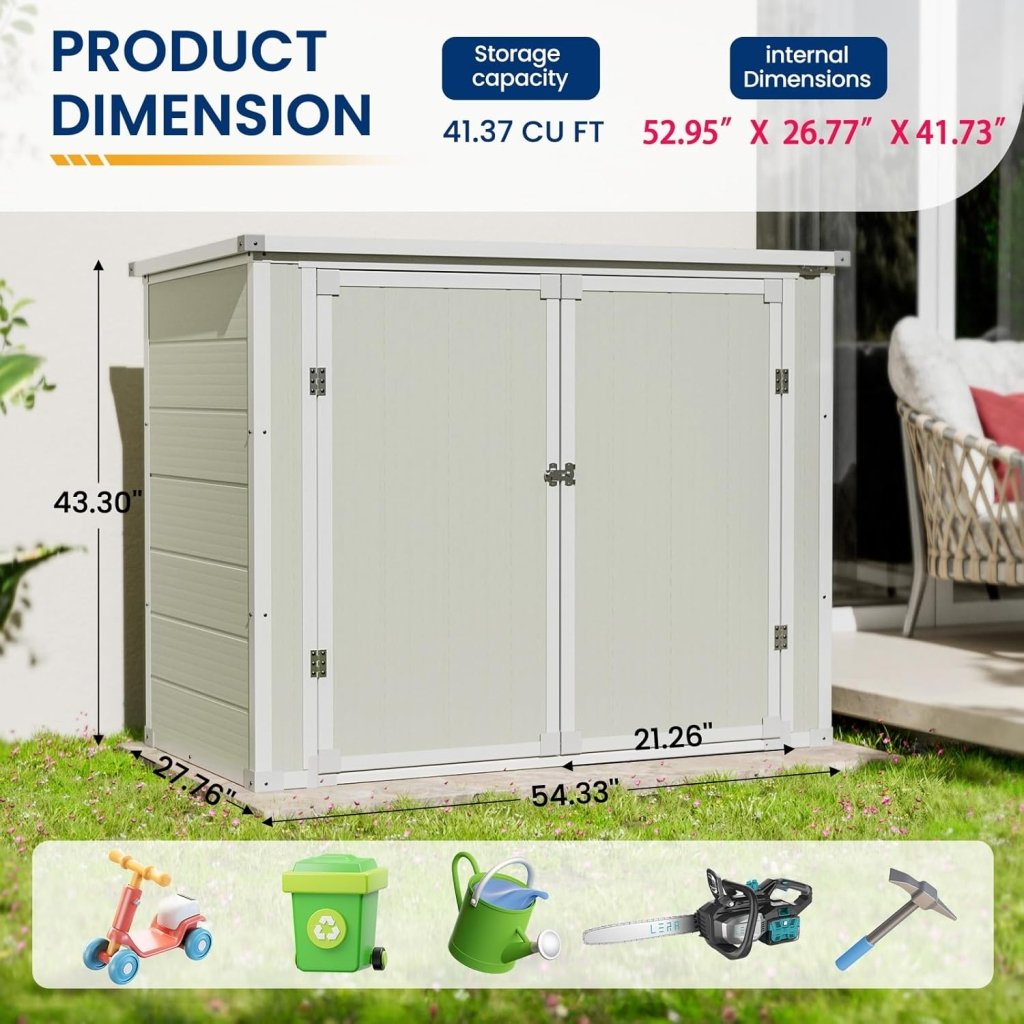 Amopatio 41 Cu Ft Horizontal Outdoor Storage Shed, Resin Trash Can Storage,Resin Shed for Garden Tools, Lawn Mowers, Garbage Cans, Patio Use - Wigtrends