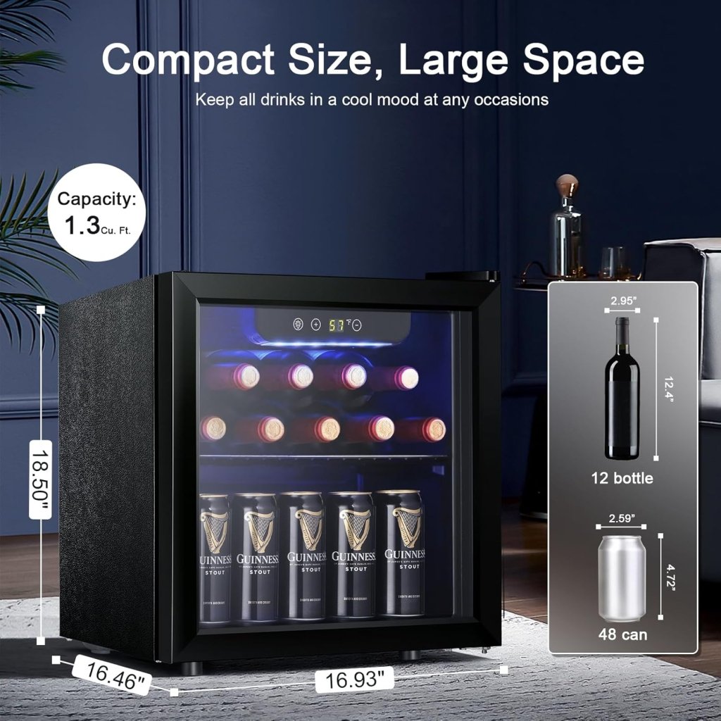 Antarctic Star 26 Bottle 130 Can Wine Cooler/Cabinet Beverage Refrigerator Mini Wine Cellar Beer Soda Clear Glass Door Bar Fridge Quiet Compressor Adjust Temp Freestanding Indoor Use 3.2cu.ft Black - Wigtrends