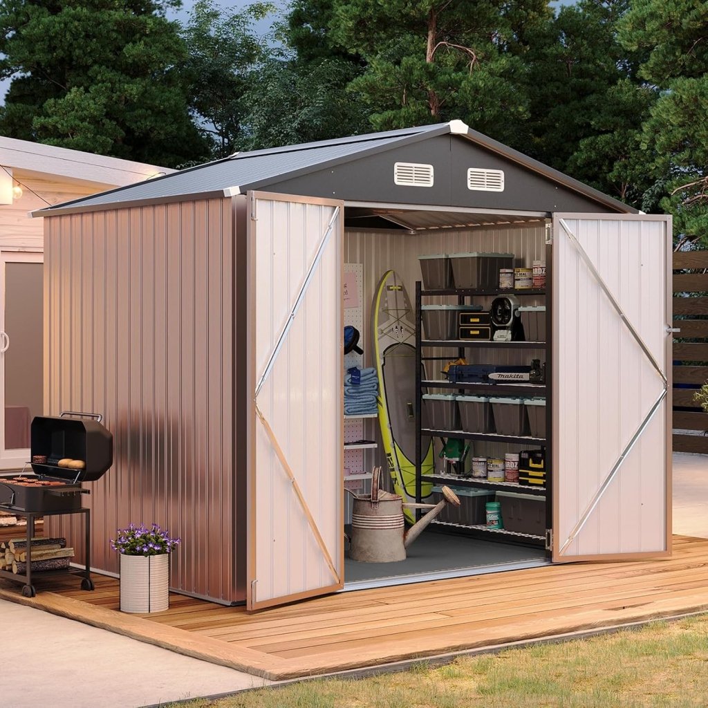 Aoxun 7.4x5.3FT Shed with Floor Galvanized Steel Outdoor Storage Shed Metal Garden Shed with Double Doors, 15mm Moisture - Proof Floor & Ventilation, Sloped Roof for Bike/Generator/Tool Storage (Brown) - Wigtrends