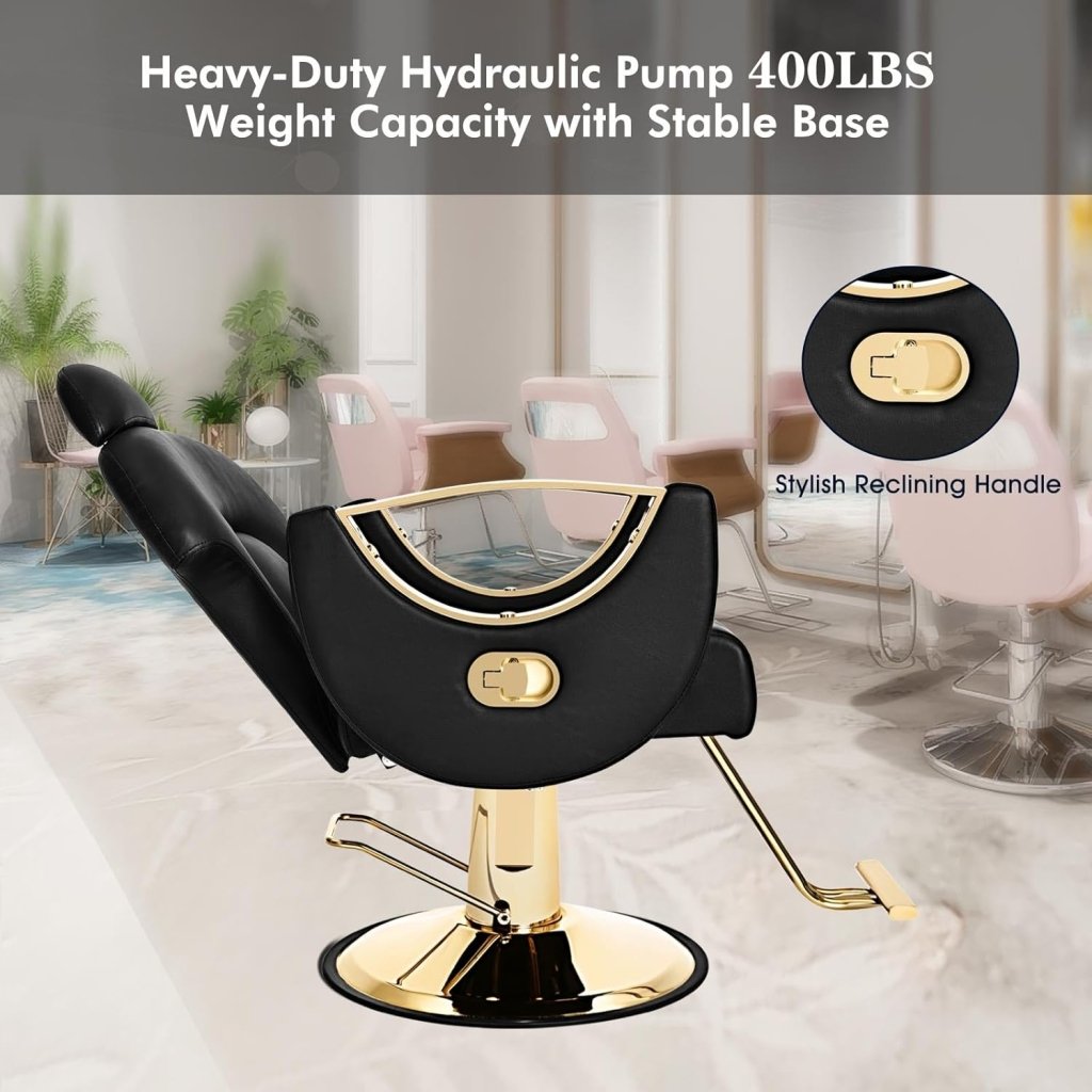 Artist Hand Salon Chair Reclining Barber Chair Oversized Hydraulic Pump Heavy Duty Hair Salon Chair 360 Degree Swivel Hair Chair for Hair Stylist, Beauty Spa Equipment Max Load 400 LBS, Black and Gold - Wigtrends