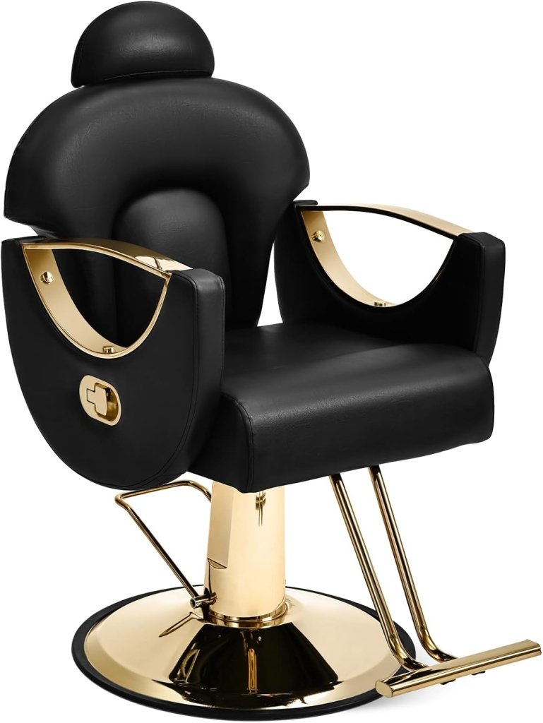 Artist Hand Salon Chair Reclining Barber Chair Oversized Hydraulic Pump Heavy Duty Hair Salon Chair 360 Degree Swivel Hair Chair for Hair Stylist, Beauty Spa Equipment Max Load 400 LBS, Black and Gold - Wigtrends