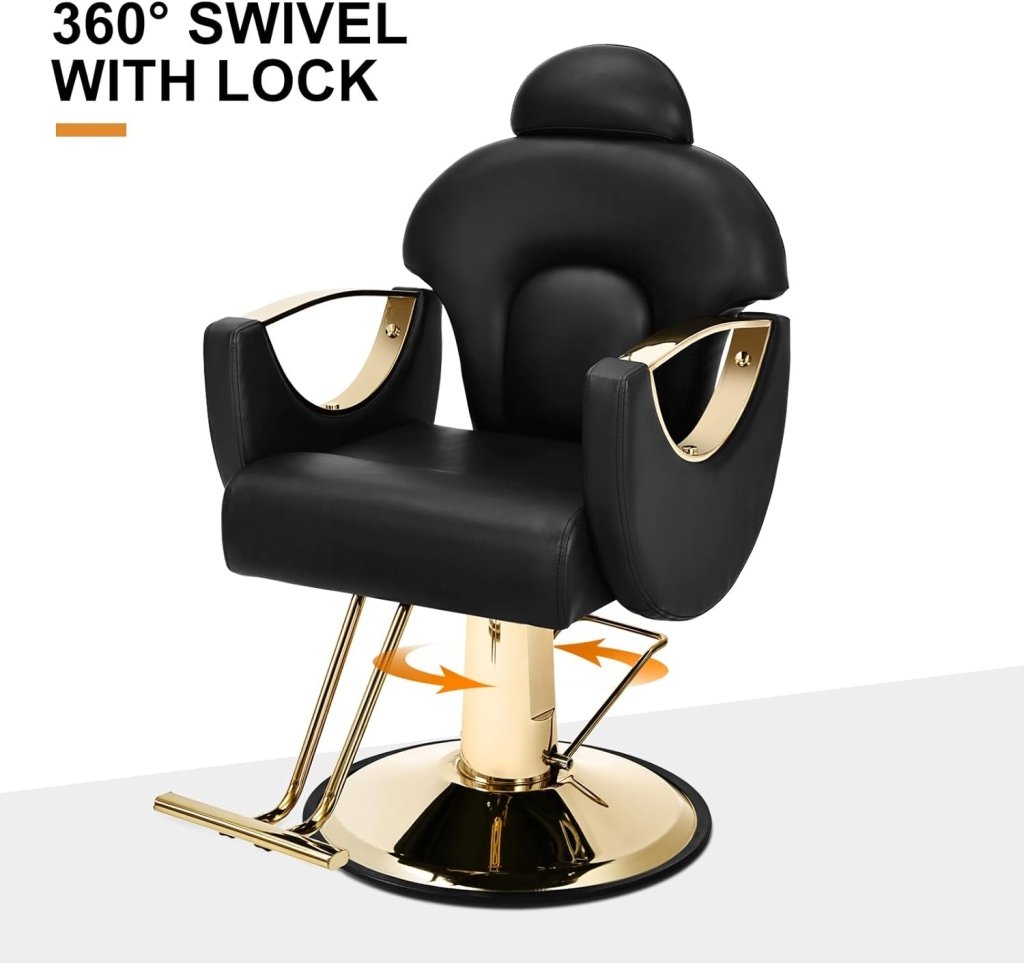 Artist Hand Salon Chair Reclining Barber Chair Oversized Hydraulic Pump Heavy Duty Hair Salon Chair 360 Degree Swivel Hair Chair for Hair Stylist, Beauty Spa Equipment Max Load 400 LBS, Black and Gold - Wigtrends