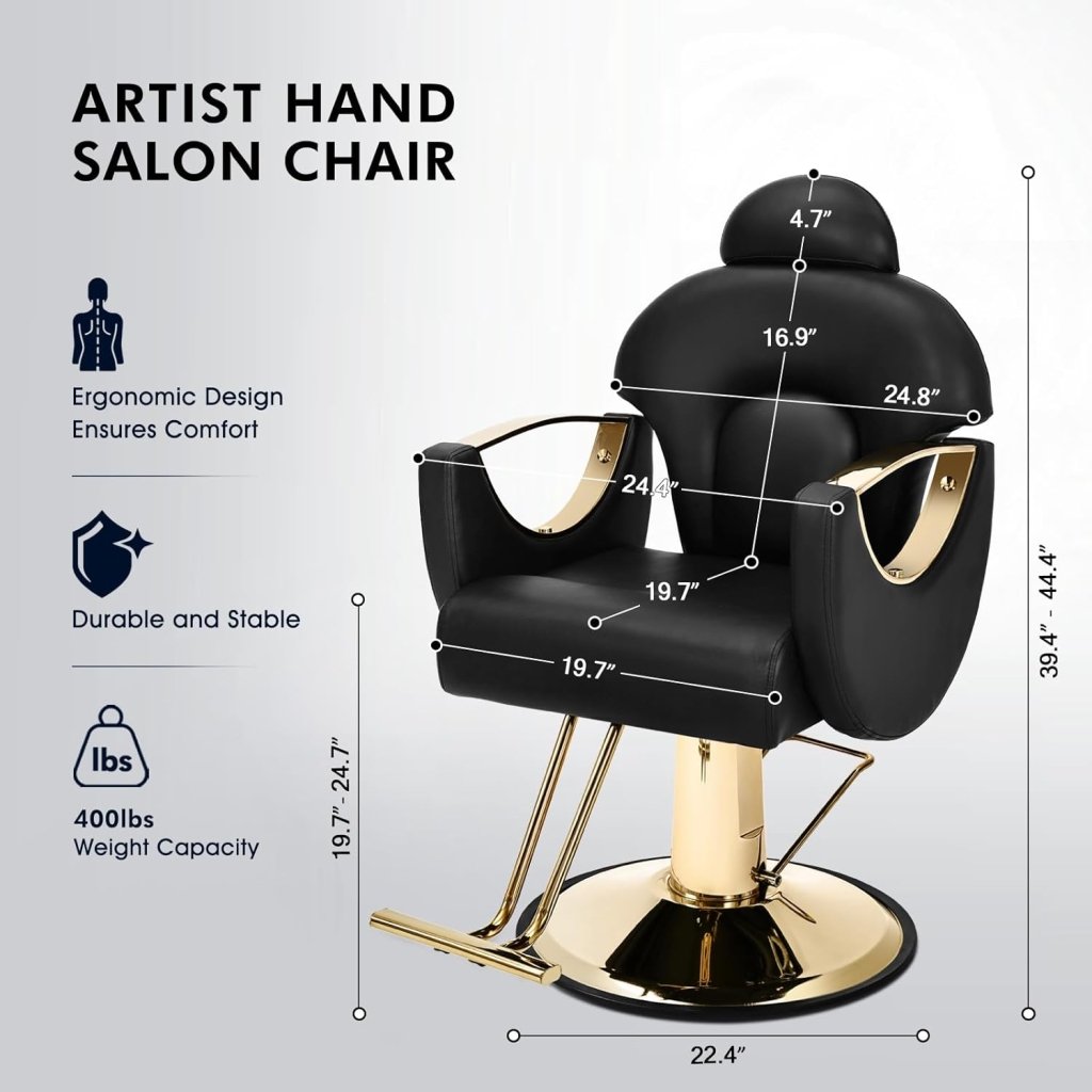 Artist Hand Salon Chair Reclining Barber Chair Oversized Hydraulic Pump Heavy Duty Hair Salon Chair 360 Degree Swivel Hair Chair for Hair Stylist, Beauty Spa Equipment Max Load 400 LBS, Black and Gold - Wigtrends