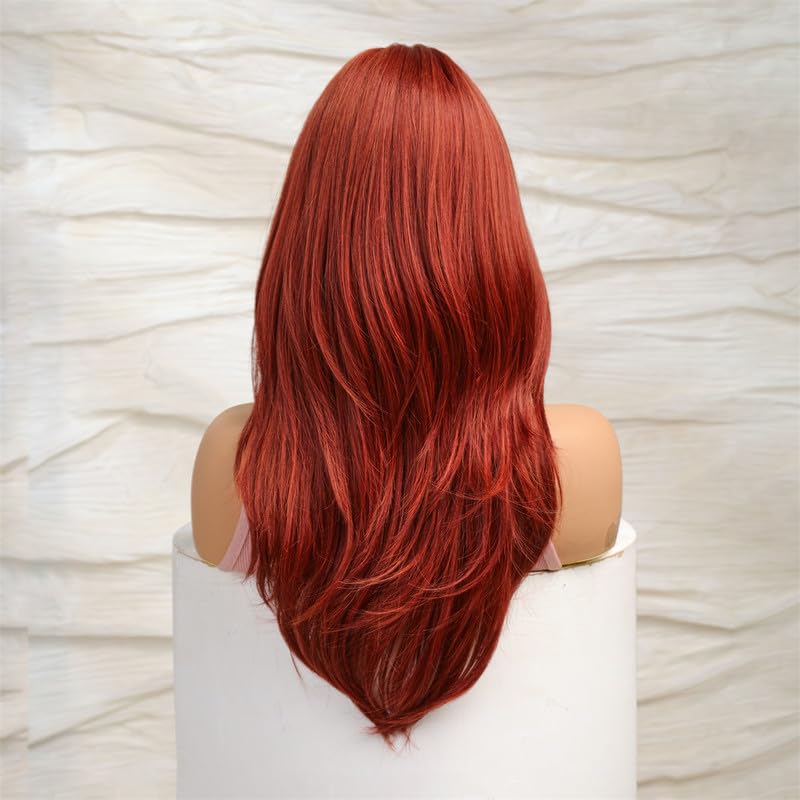 Auburn Red Wigs with Bangs, Copper Red Wigs for Women, Shoulder Length Synthetic Hair Red Full Wig, Middle Length Straight Hair Wig, 20 inch - Wigtrends