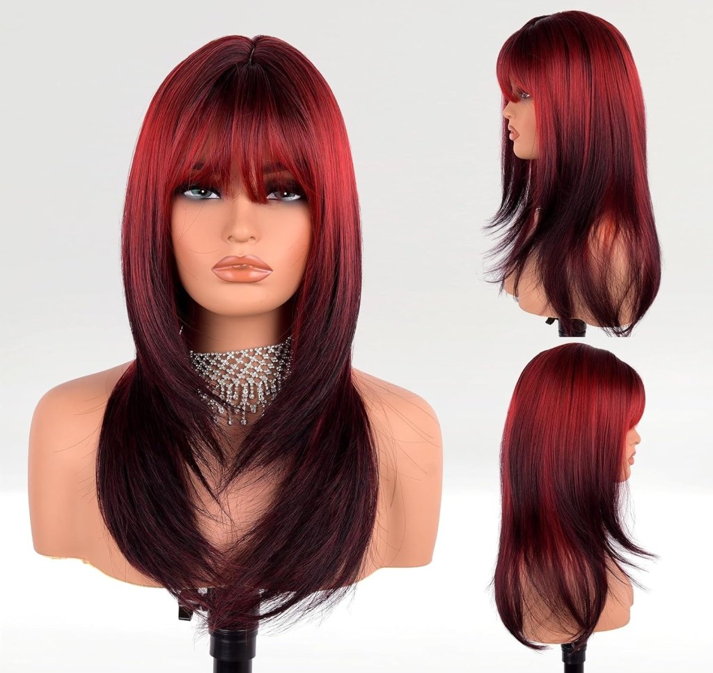 Auburn Red Wigs with Bangs, Copper Red Wigs for Women, Shoulder Length Synthetic Hair Red Full Wig, Middle Length Straight Hair Wig, 20 inch - Wigtrends