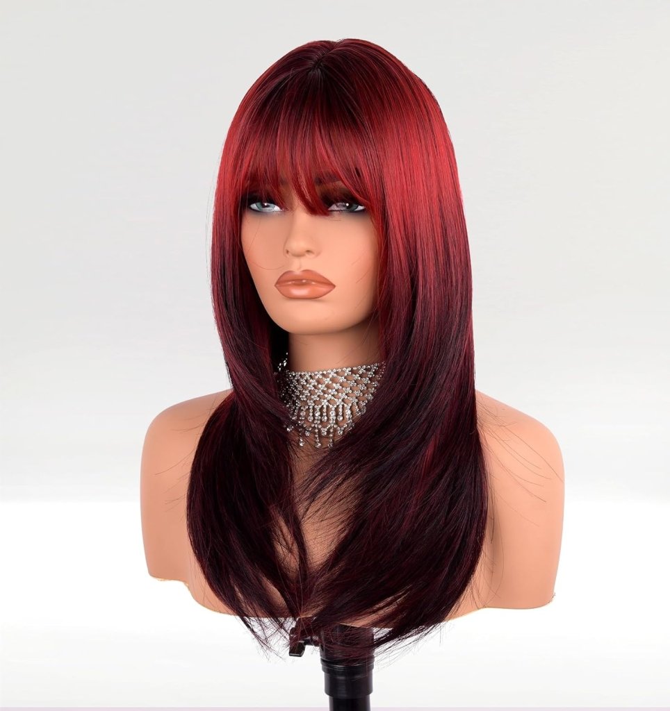 Auburn Red Wigs with Bangs, Copper Red Wigs for Women, Shoulder Length Synthetic Hair Red Full Wig, Middle Length Straight Hair Wig, 20 inch - Wigtrends