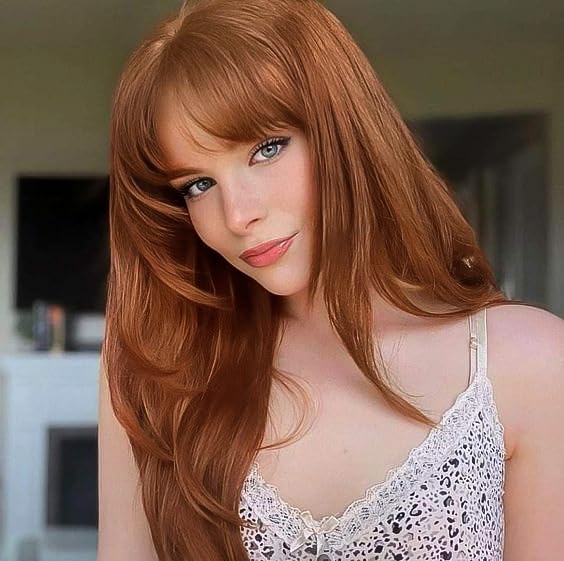 Auburn Red Wigs with Bangs, Copper Red Wigs for Women, Shoulder Length Synthetic Hair Red Full Wig, Middle Length Straight Hair Wig, 20 inch - Wigtrends