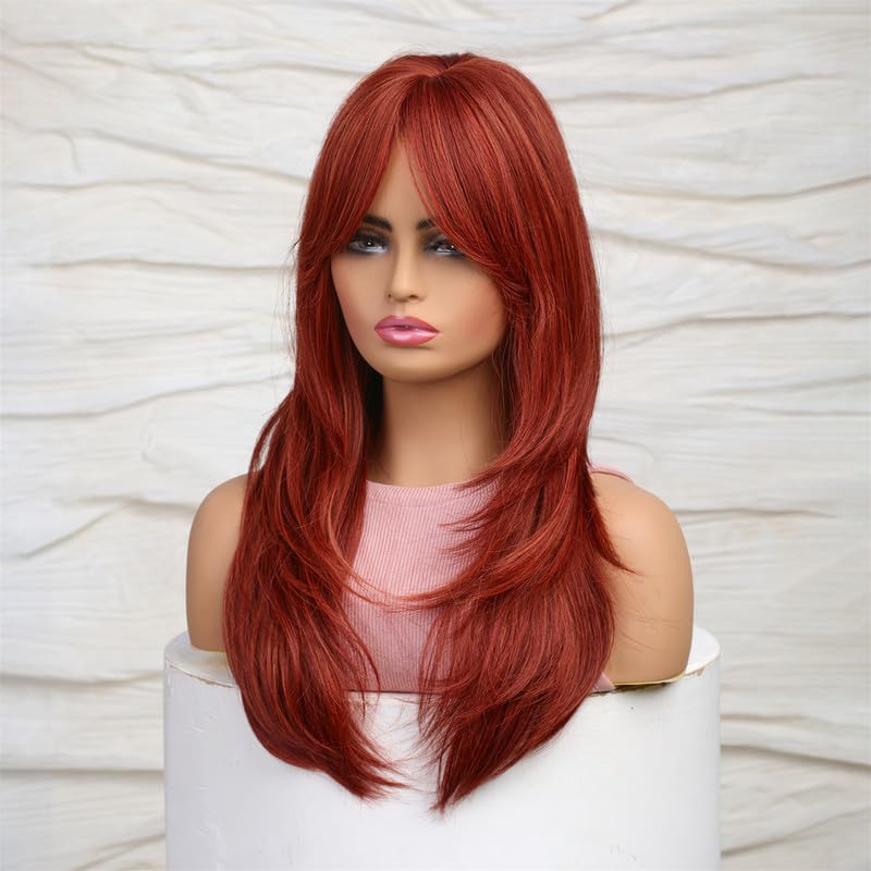 Auburn Red Wigs with Bangs, Copper Red Wigs for Women, Shoulder Length Synthetic Hair Red Full Wig, Middle Length Straight Hair Wig, 20 inch - Wigtrends