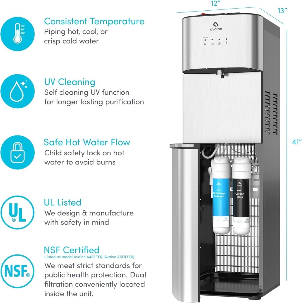 Avalon Bottom Loading Water Cooler Water Dispenser with BioGuard - 3 Temperature Settings - Hot, Cold & Room Water, Durable Stainless Steel Construction, Anti - Microbial Coating - UL Listed - Wigtrends