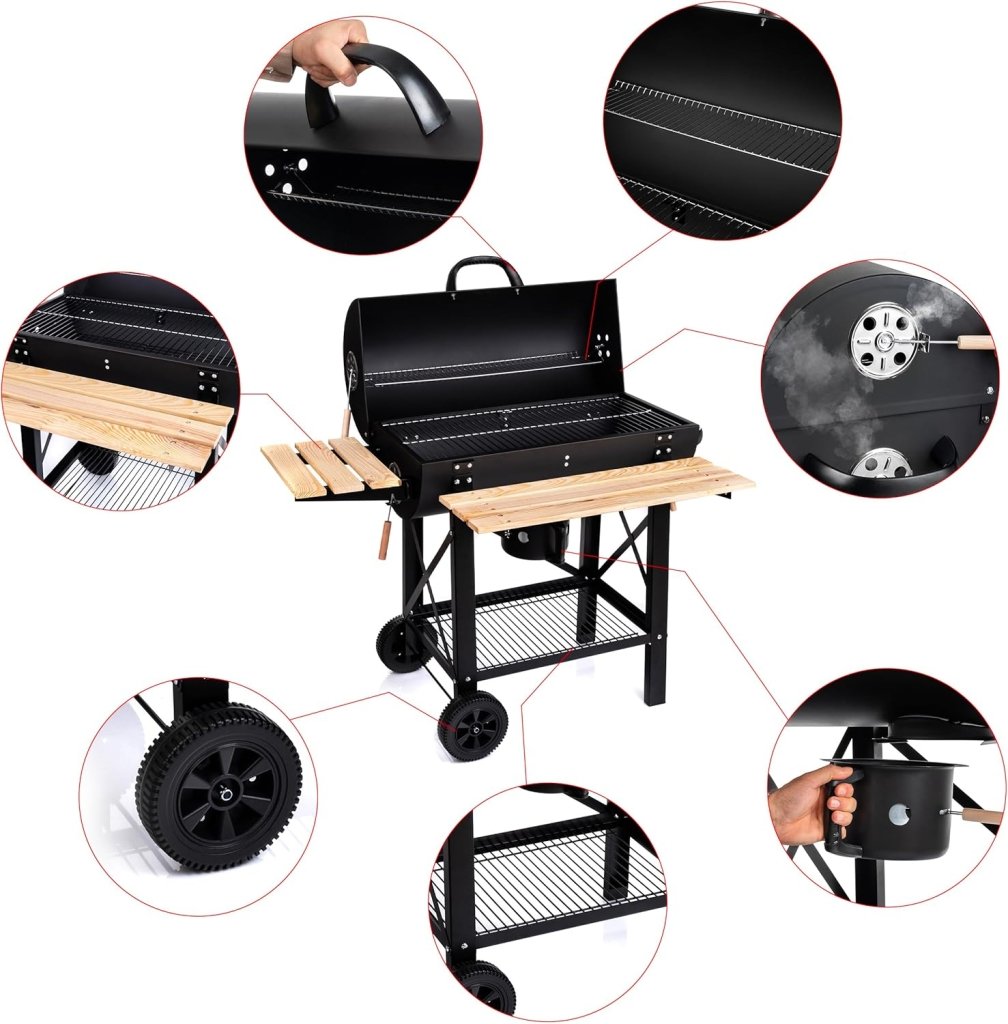 Barbecue a carbone con griglia XL, carrello per griglia con due ripiani in legno, coperchio, ruote, maniglia non riscaldante, griglia a carbone per giardino, patio, campeggio - Wigtrends