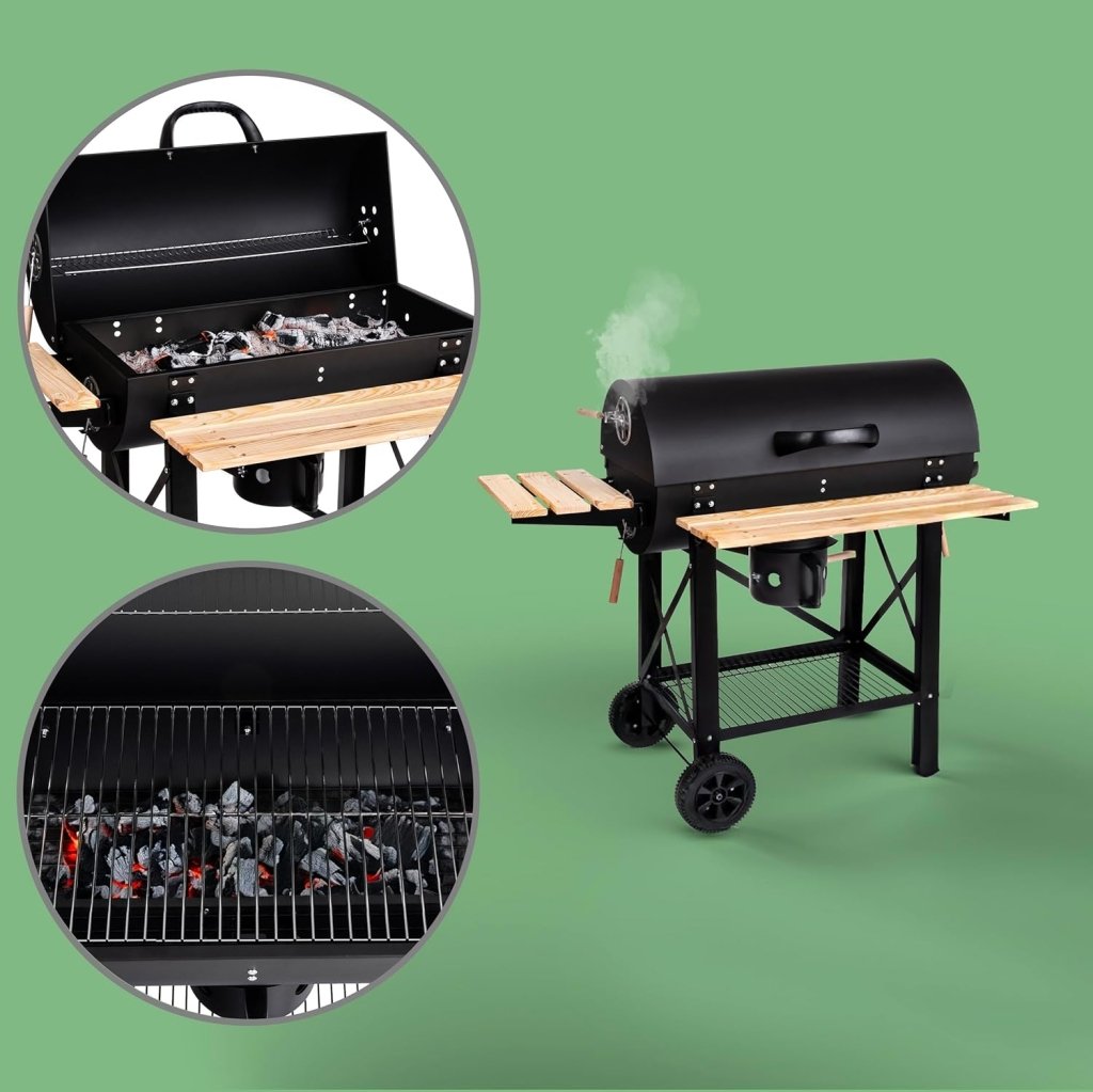 Barbecue a carbone con griglia XL, carrello per griglia con due ripiani in legno, coperchio, ruote, maniglia non riscaldante, griglia a carbone per giardino, patio, campeggio - Wigtrends