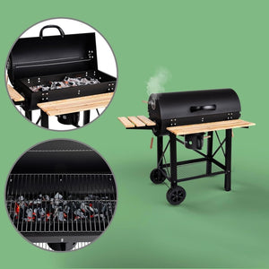 Barbecue a carbone con griglia XL, carrello per griglia con due ripiani in legno, coperchio, ruote, maniglia non riscaldante, griglia a carbone per giardino, patio, campeggio - Wigtrends