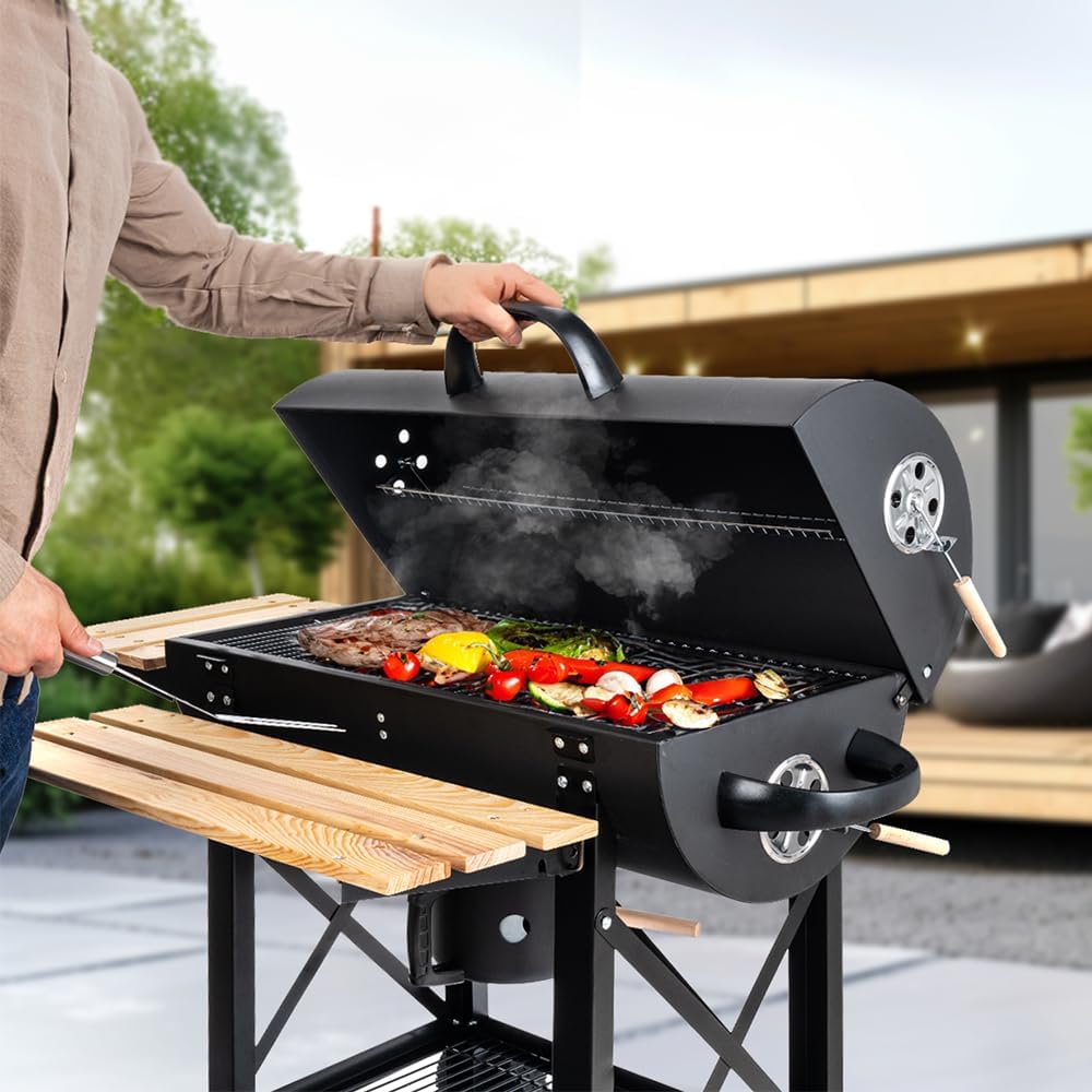 Barbecue a carbone con griglia XL, carrello per griglia con due ripiani in legno, coperchio, ruote, maniglia non riscaldante, griglia a carbone per giardino, patio, campeggio - Wigtrends