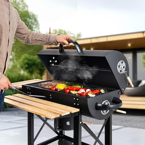 Barbecue a carbone con griglia XL, carrello per griglia con due ripiani in legno, coperchio, ruote, maniglia non riscaldante, griglia a carbone per giardino, patio, campeggio - Wigtrends
