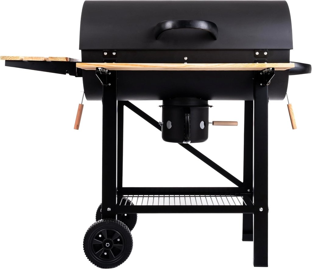 Barbecue a carbone con griglia XL, carrello per griglia con due ripiani in legno, coperchio, ruote, maniglia non riscaldante, griglia a carbone per giardino, patio, campeggio - Wigtrends