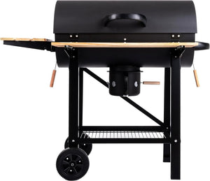 Barbecue a carbone con griglia XL, carrello per griglia con due ripiani in legno, coperchio, ruote, maniglia non riscaldante, griglia a carbone per giardino, patio, campeggio - Wigtrends