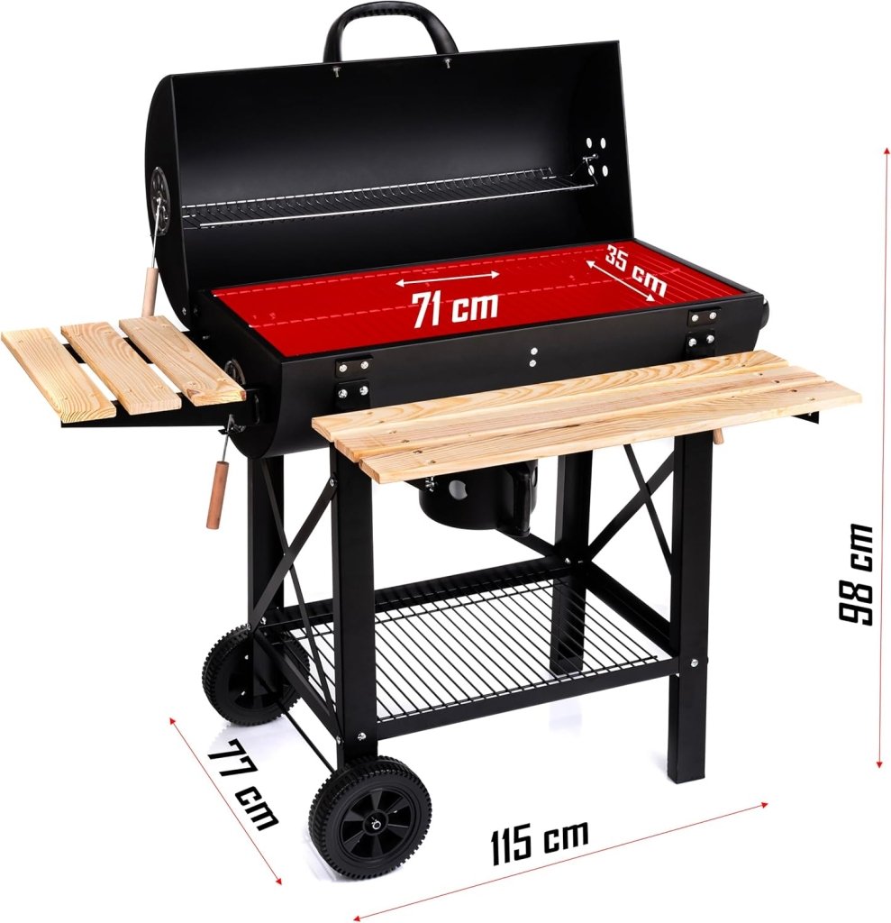 Barbecue a carbone con griglia XL, carrello per griglia con due ripiani in legno, coperchio, ruote, maniglia non riscaldante, griglia a carbone per giardino, patio, campeggio - Wigtrends