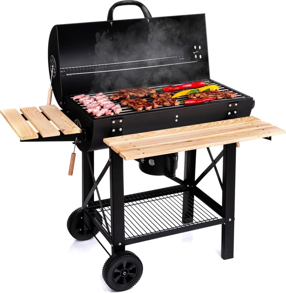 Barbecue a carbone con griglia XL, carrello per griglia con due ripiani in legno, coperchio, ruote, maniglia non riscaldante, griglia a carbone per giardino, patio, campeggio - Wigtrends
