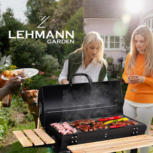 Barbecue a carbone con griglia XL, carrello per griglia con due ripiani in legno, coperchio, ruote, maniglia non riscaldante, griglia a carbone per giardino, patio, campeggio - Wigtrends