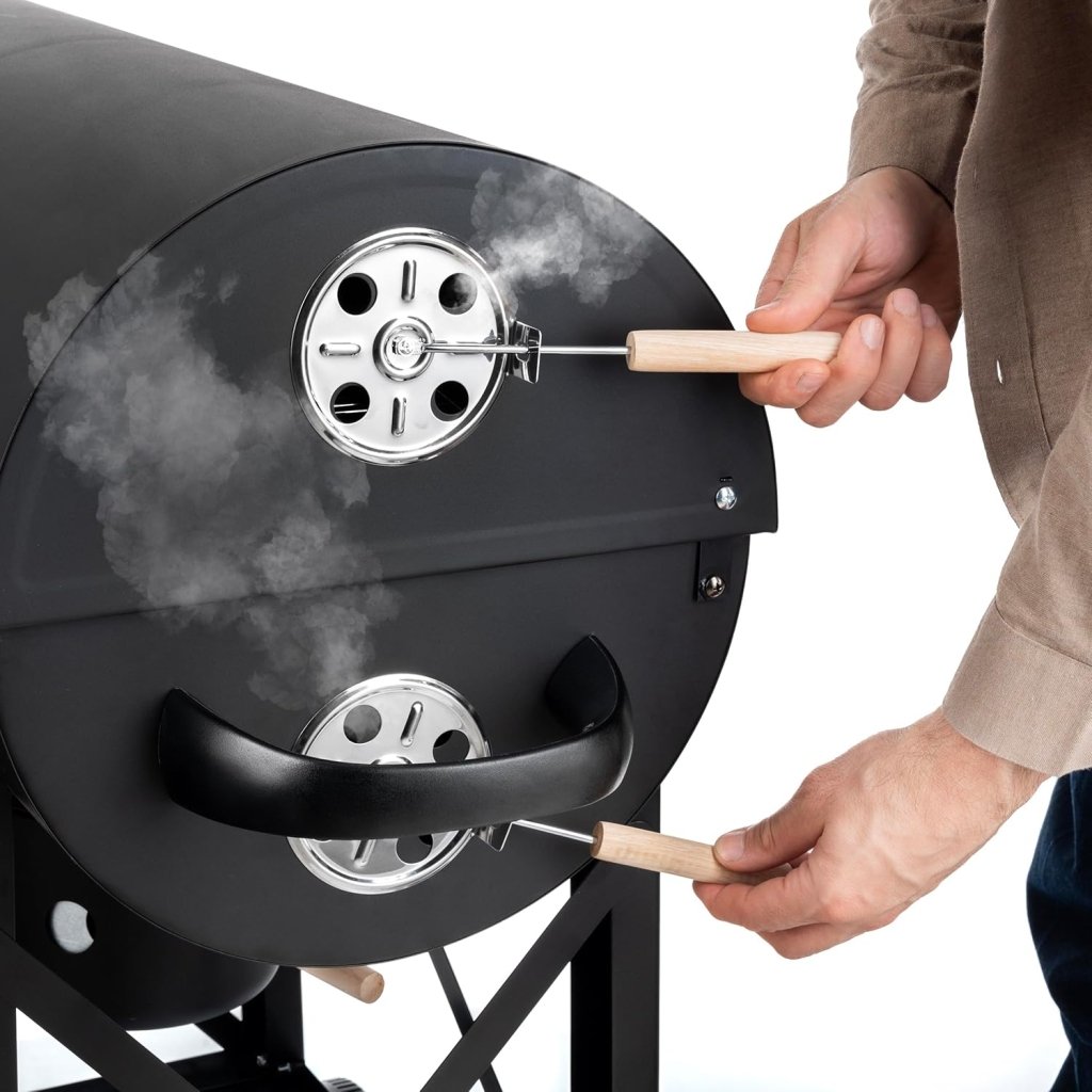 Barbecue a carbone con griglia XL, carrello per griglia con due ripiani in legno, coperchio, ruote, maniglia non riscaldante, griglia a carbone per giardino, patio, campeggio - Wigtrends