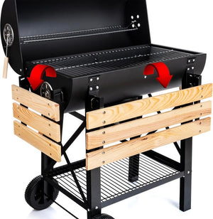 Barbecue a carbone con griglia XL, carrello per griglia con due ripiani in legno, coperchio, ruote, maniglia non riscaldante, griglia a carbone per giardino, patio, campeggio - Wigtrends