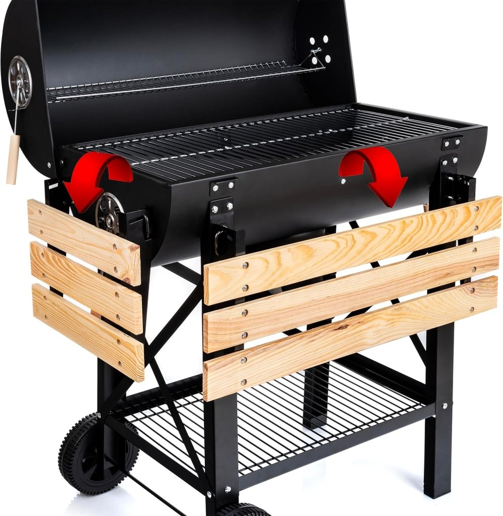 Barbecue a carbone con griglia XL, carrello per griglia con due ripiani in legno, coperchio, ruote, maniglia non riscaldante, griglia a carbone per giardino, patio, campeggio - Wigtrends