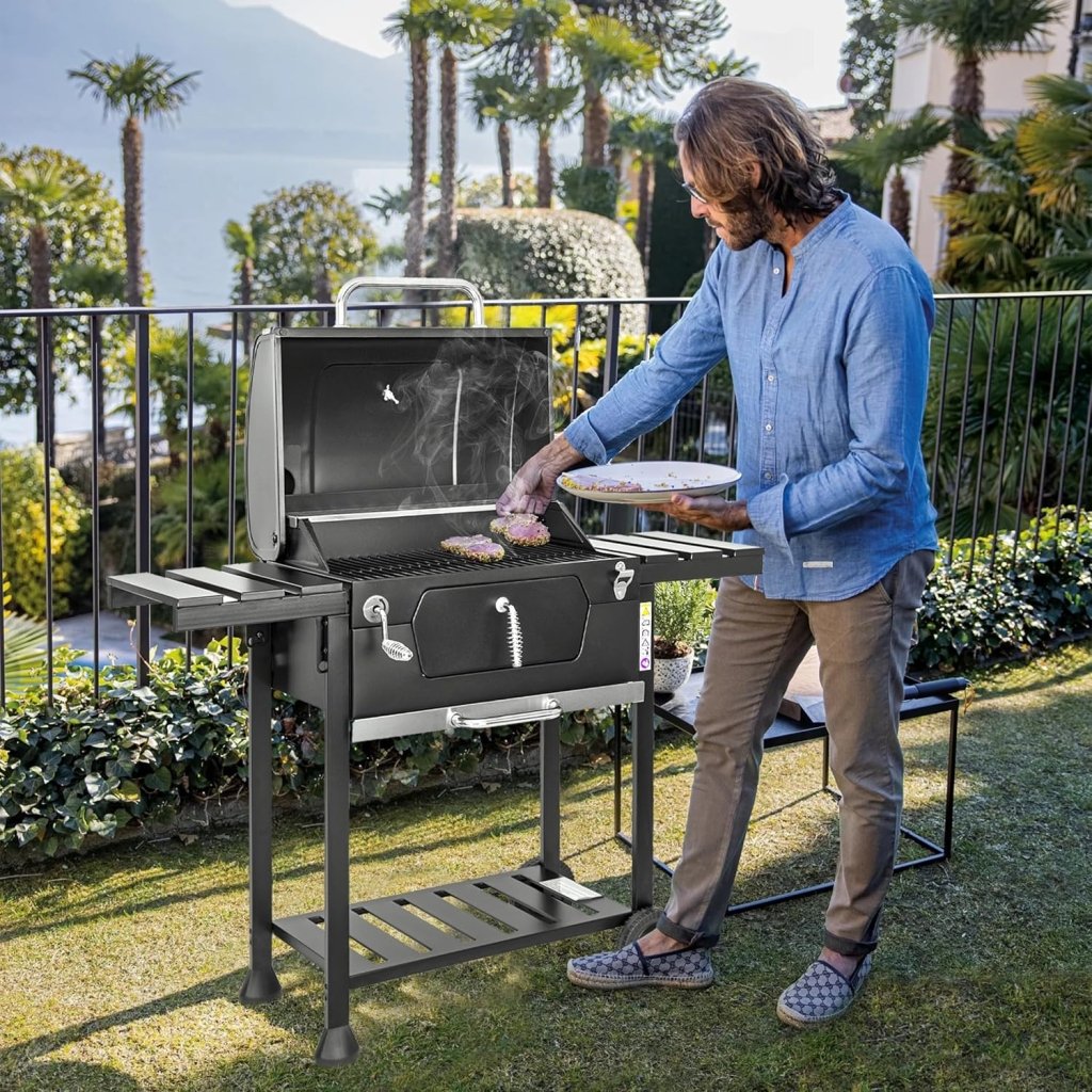 Barbecue a carbone Friend con doppia griglia e regolazione del cestello, barbecue a carbone con coperchio, termometro, ripiani pieghevoli, barbecue a carbone professionale in acciaio - Wigtrends