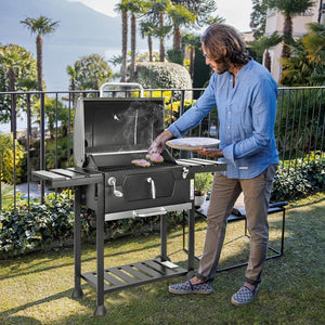 Barbecue a carbone Friend con doppia griglia e regolazione del cestello, barbecue a carbone con coperchio, termometro, ripiani pieghevoli, barbecue a carbone professionale in acciaio - Wigtrends